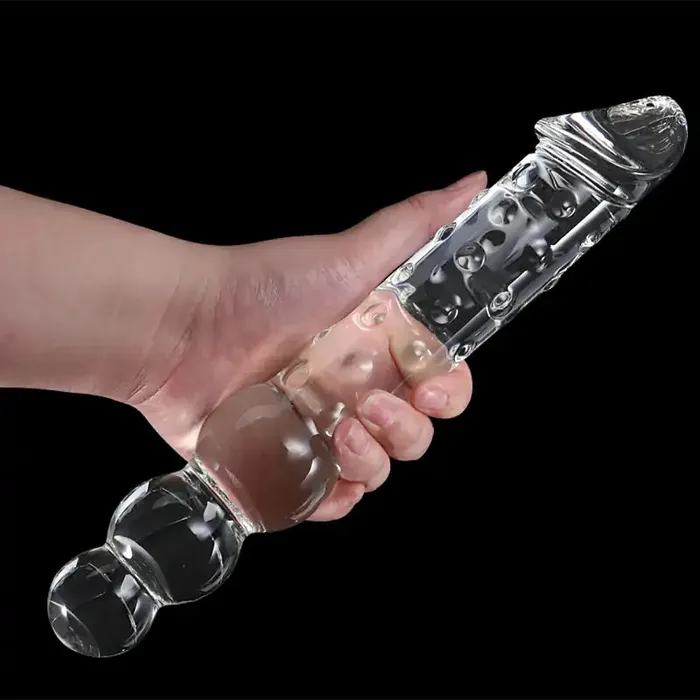 Dildos | 11.2 Inch transparent glass dildo with realistic glans and bead handle - Lovetoyshub
