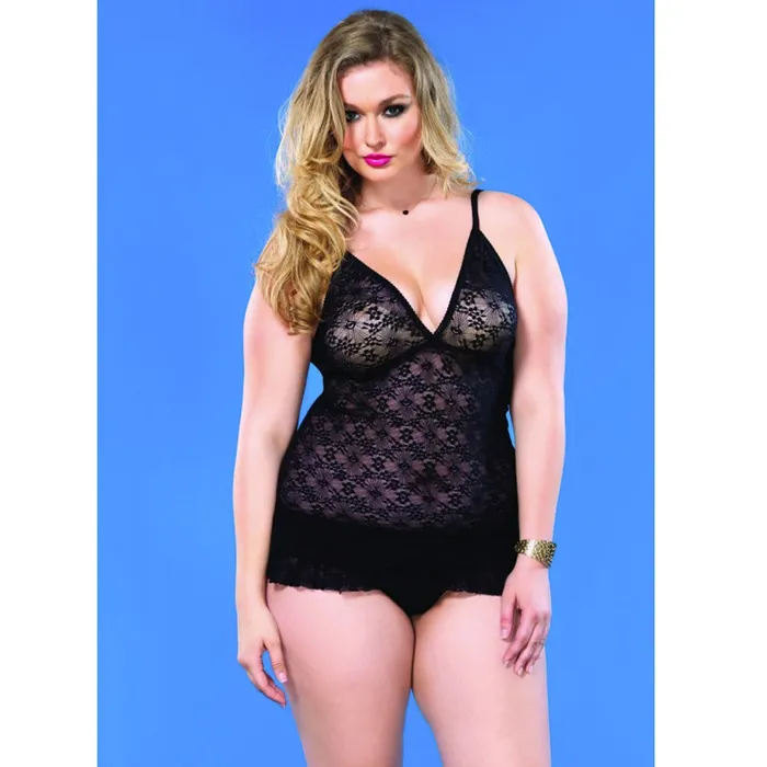 Couples Lace Chemise with Ruffle Skirt Plus Black Leg Avenue