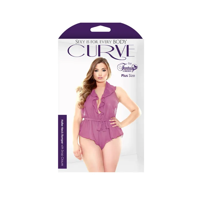 Fantasy Lingerie Vibrators Curve Halter Neck Romper Orchid 1X2X