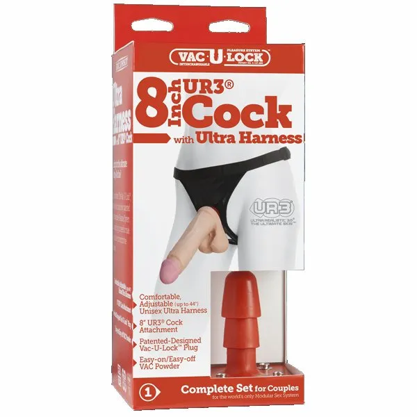 Ultra Harness 2 w8 inch Ultraskyn UR3 Cock White VacULock Dildos