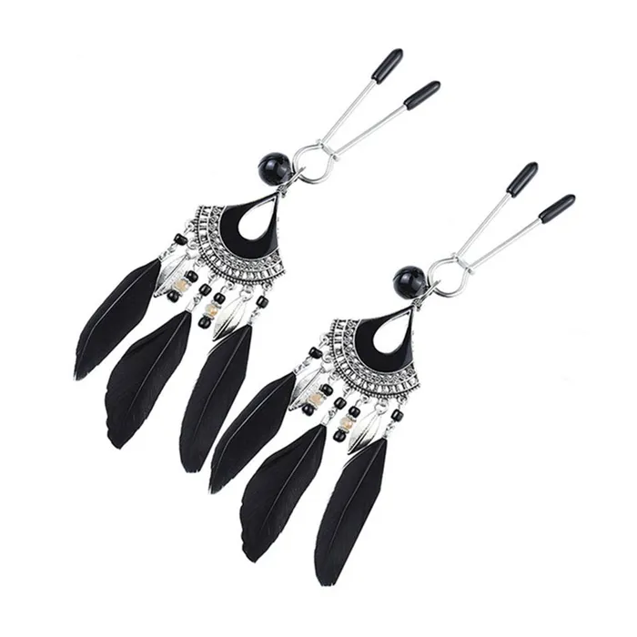 Boho Style Black Feather Tweezer Nipple Clamps Dark Amour Anal