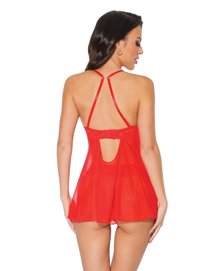 Coquette Vibrators Holiday Scallop Stretch Lace Mesh Babydoll Thong Redgold