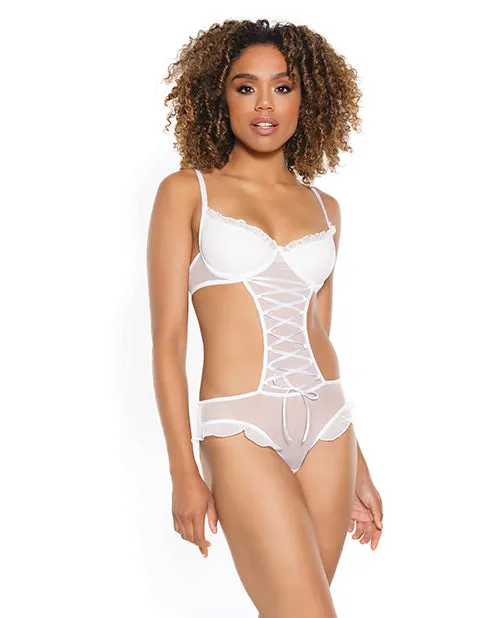 Vibrators Coquette Stretch Mesh Ruffled Crotchless Teddy White